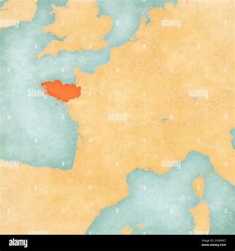 Brittany on the map of France in soft grunge and vintage style, like ...