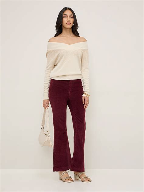 Buy LOV Burgundy Ribbed Corduroy High-Rise Cotton Blend Pants from Westside