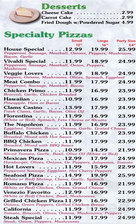 Vivaldi's Pizzeria menu in Pittsfield, Massachusetts, USA