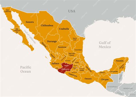 미초아칸 주에서 강조된 멕시코 정치 지도 | 프리미엄 벡터