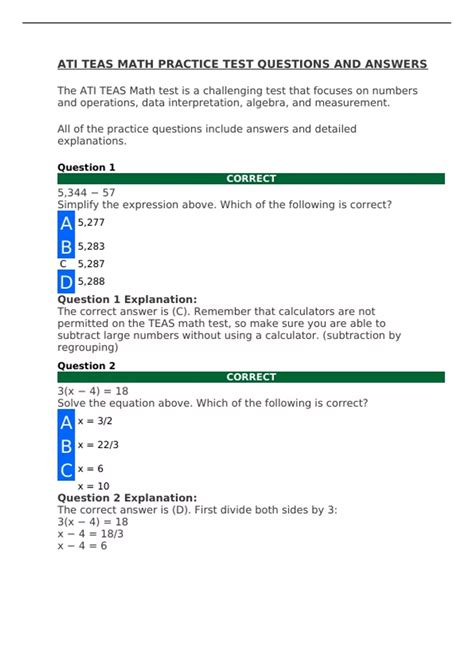 ATI TEAS MATH PRACTICE TEST Correctly Answered /LATEST UPDATE VERSION ...