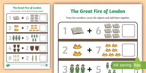 The Great Fire of London 0 to 10 Trace, Count and Add Worksheet