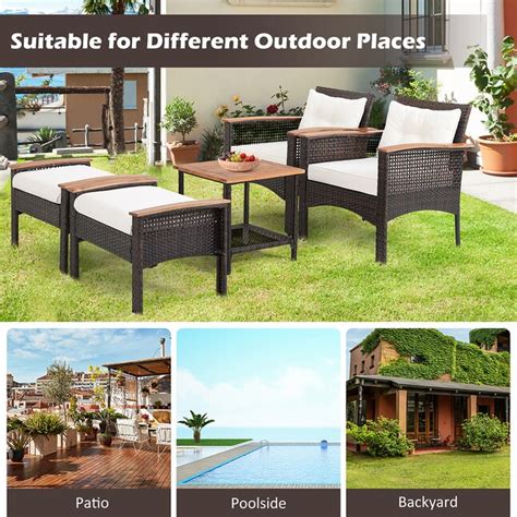 WELLFOR 5-Piece Rattan Patio Conversation Set with Off-white Cushions ...