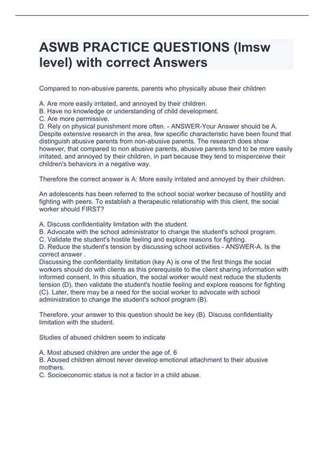 ASWB PRACTICE QUESTIONS (lmsw level) with correct Answers - ASWB LMSW ...