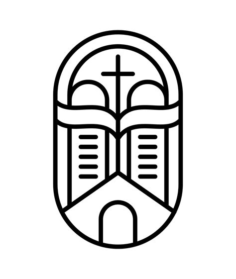 Religion line cross, building and open bible book tablets. God give law ...