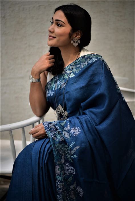 Blue Resham Embroidered Tussar Saree – Turaja