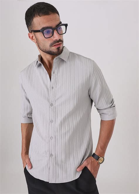 Light Grey Plain Self Striped Shirt