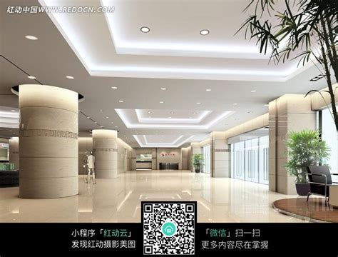 带圆形柱子的方形吊顶的大厅设计效果图图片免费下载_红动中国