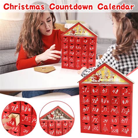 Christmas Wooden Advent Calendar House with 24 Drawers, DIY Lighted Red ...