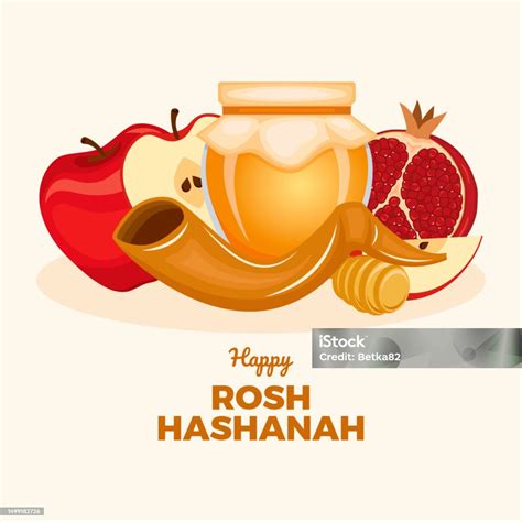 Happy Rosh Hashanah Poster With Shofar Apple And Honey Vector ...