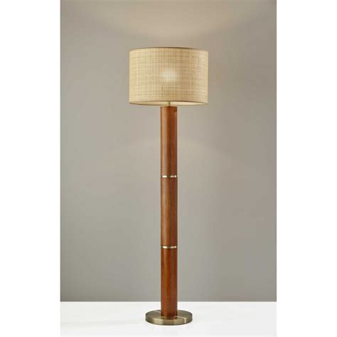 Walnut Wood Finish Floor Lamp Cylindrical Base with Antique Brass ...