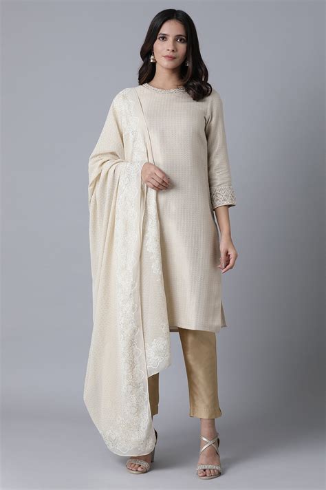 Buy Off-White Zari Dobby Straight Kurta-Slim Pant Set With Dupatta ...