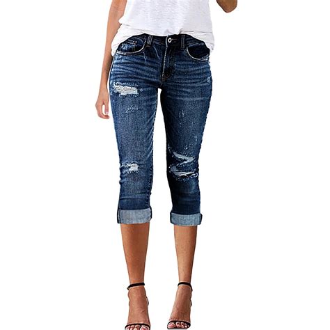 JOFOW Capri Jeans for Women Stretch High Waisted Distressed Denim ...