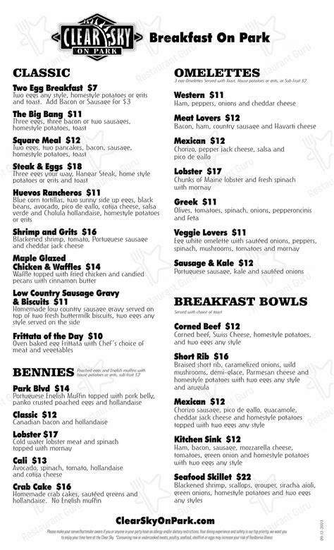 Menu at Clear Sky on Park pub & bar, Seminole