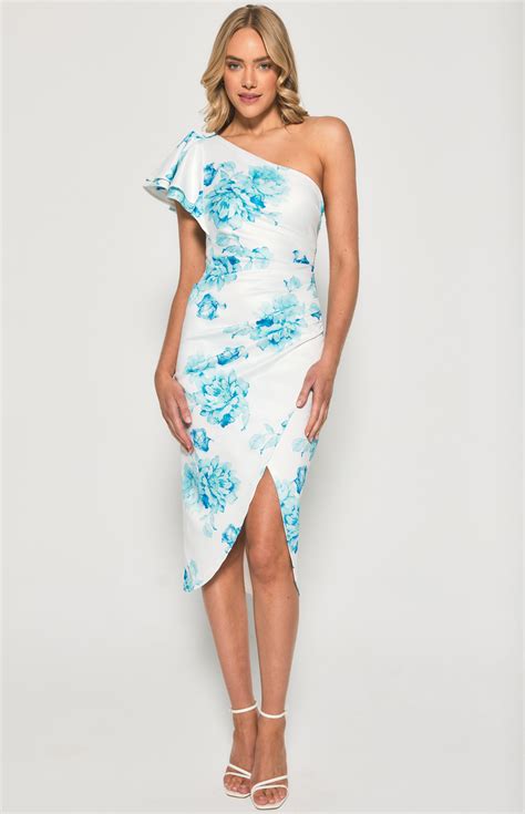 Floral Stretch One Shoulder Midi Dress (SDR1325A) | Style State