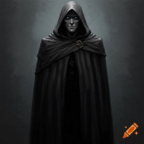 A dark figure in a hooded cloak wears a simple, round mask with a smiley face in a dim, archway ...