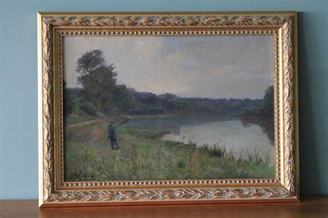 Jacques L'Huillier - Antique landscape oil painting by Jacques L'Huillier, Bucolic Riverscape ...
