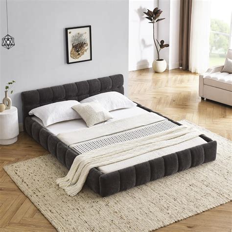 Amazon.com: DEINPPA Queen Size Bed Frame, Chenille Upholstered Platform ...