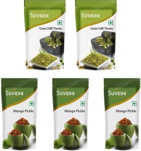 Suvidhi 2 Green Chilli Thecha 100gm & 3 Mango Pickle 200gm ( Combo of 5 ...