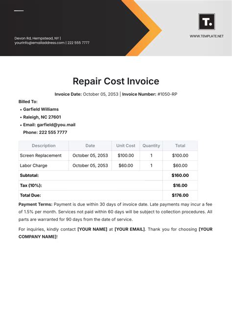Free Repair Cost Invoice Template to Edit Online