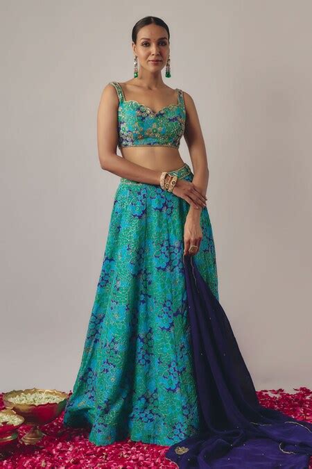 Buy Blue Silk Organza, Crepe Bluebell Bloom Print And Embellished ...