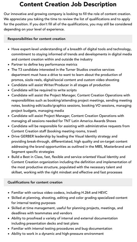 Content Creation Job Description | Velvet Jobs