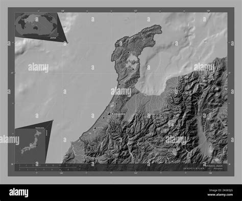 Ishikawa, prefecture of Japan. Bilevel elevation map with lakes and rivers. Locations and names ...