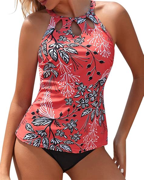 Yonique Red High Neck Tankini Swimsuits for Women Halter Floral Print ...