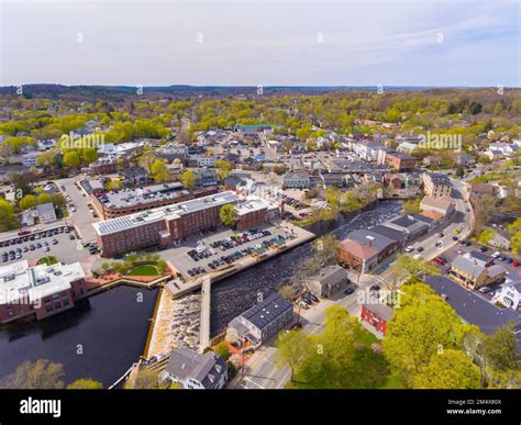Ipswich River and Mills Dam aerial view in spring at town center of ...