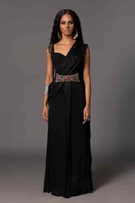 Buy Black Satin Beads, Stones Crystal Embellished Corset Saree For ...