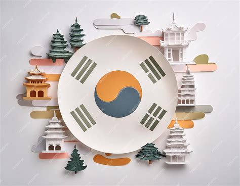 3D illustration showing various traditional elements of Korean culture on a white background ...