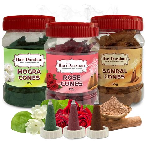 Combo of Rose, Mogra, Sandal - Dhoop Cones Jar - Pack of 3 | Hari Darshan