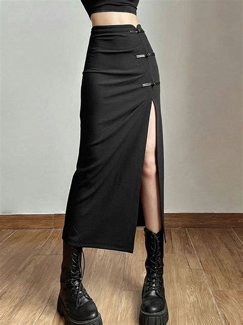 Shop Black Side Slit With Button Midi Skirt - for Women | OUTZIDR | Gen ...