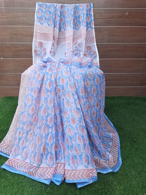 Sky Blue Color Hand Block Print Kota Doria With Blouse Saree – Aaditri fab