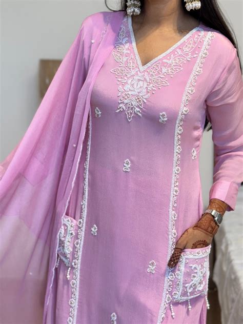 #MBA2024 Pearl embroidery chinon silk suit set- soft pink – Merakibyanchal