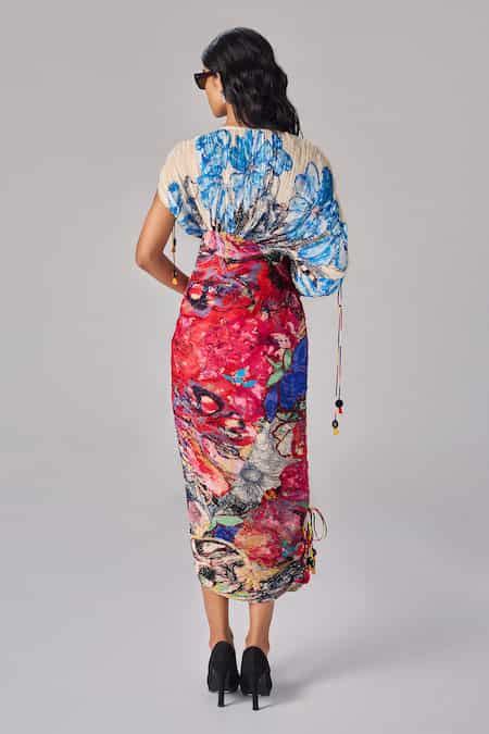 Buy Multi Color Cotton Tassels Round Neck Abstract Floral Print Kaftan ...