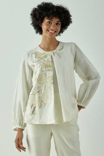 Buy White 80% Cotton 20% Silk Floral Round Miriam Demure Top And Pant ...