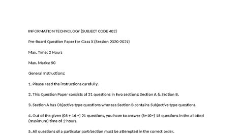 INFORMATION TECHNOLOGY (402) Class X Mock Question Paper - Studocu