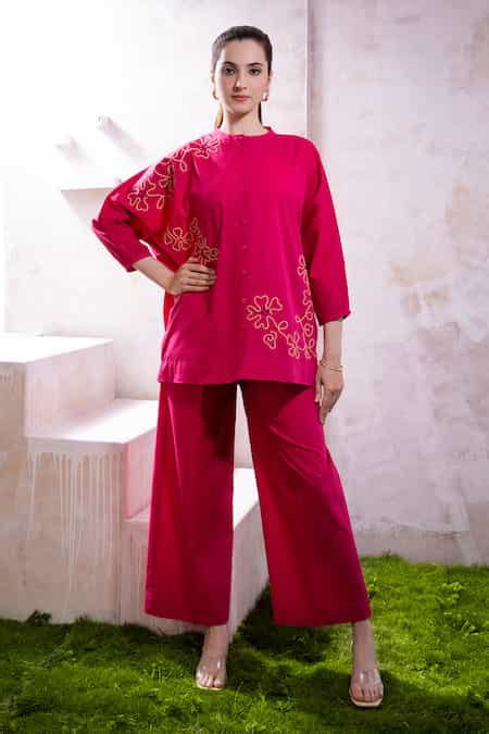 Buy Magenta Cotton, Poplin Embroidery Mandarin Raysa Floral Top And ...