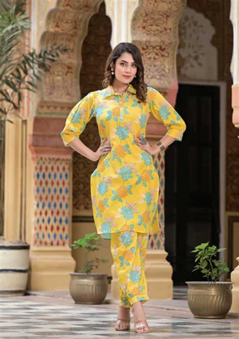 Yellow Floral Print Kurta Hem Cuffed Pant Set | Buy Women Clothing