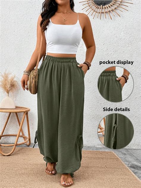 SHEIN LUNE Plus Size Women Plain Pocket Slit Tie-Up Loose Ankle-Tied ...