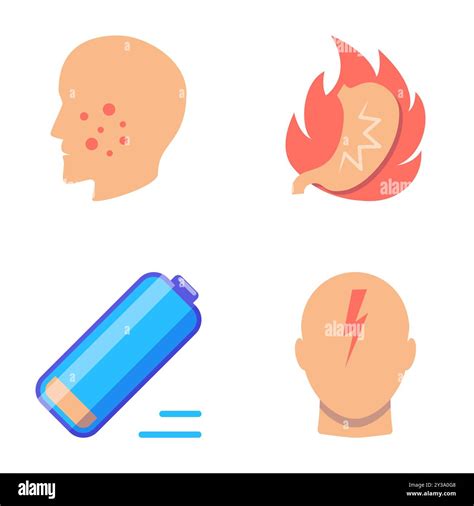 Unhealthy gut neon icon set. Stomach heartburn, allergy, headache and fatigue. Vector ...