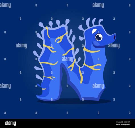 Sea animals in underwater font, letter N as seahorse cartoon character ...