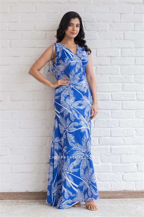 COTTON HAND PRINTED PALM TREE LONG SLEEVELESS DRESS IN ROYAL BLUE ...