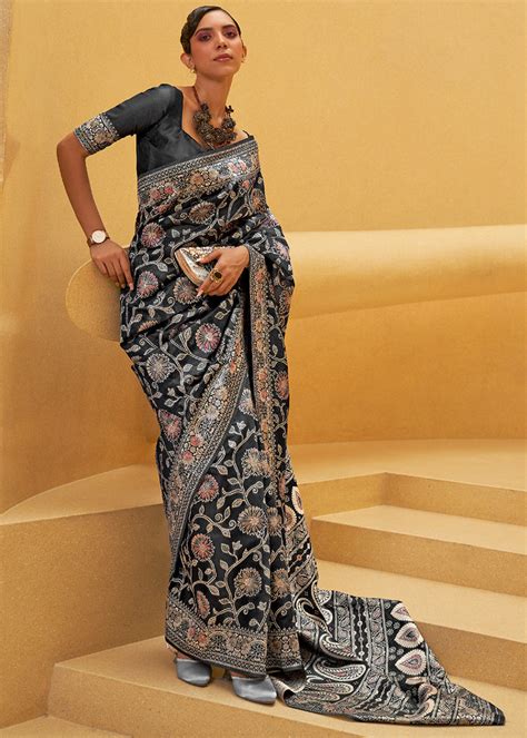 Soot Black Lucknowi Chikankari Weaving Silk Saree - Clothsvi