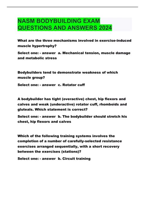 NASM BODYBUILDING EXAM QUESTIONS AND ANSWERS 2024 - NASM Physique and ...