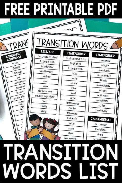 Free Transition Word List PDF for Elementary and Middle School Students ...