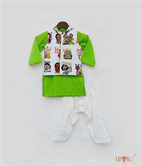 White Funky Print Nehru Jacket with Green Kurta Salwar for Boys – FayonKids
