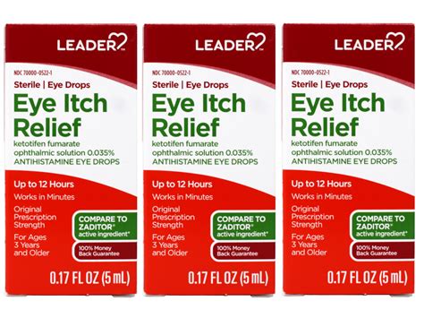 3 Pack - Leader Eye Itch Relief Drops, Ketotifen Fumarate 0.035%, Antihistamine, 0.17 fl oz ...