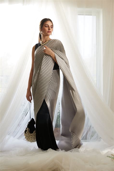 Classy Pleated Colorblock Gown Saree - Black Gown with Grey Drape ...